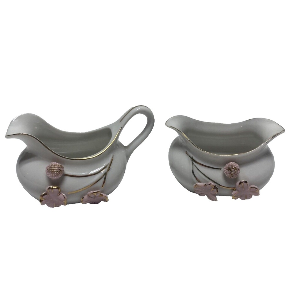 UCAGCO CERAMIC MINIATURE CREAMER AND SUGAR BOWL  JAPAN 3-4" PINK GOLD FLORAL